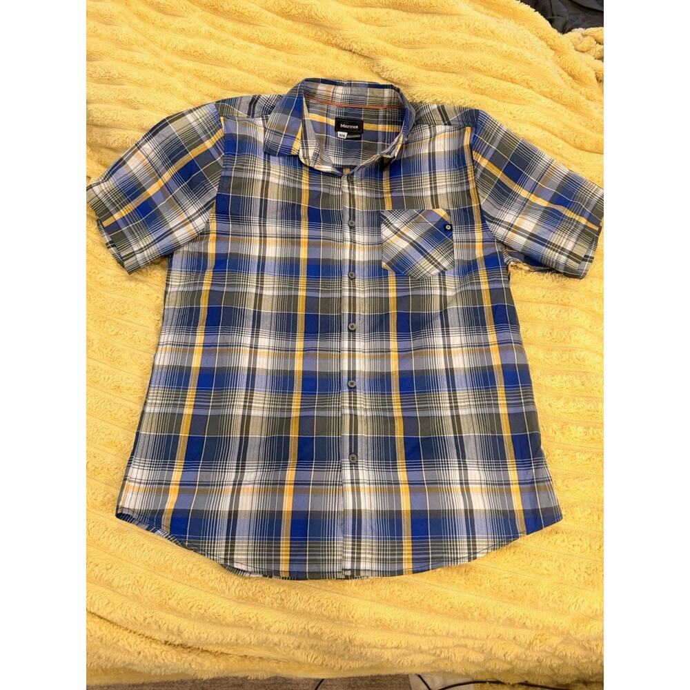 Marmot Short Sleeve Madras Plaid Shirt Large Blue Yellow Grey Outdoors Medium